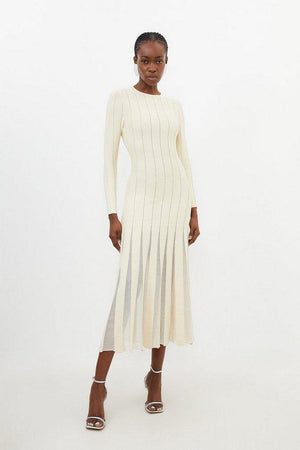 Karen Millen UK SALE Viscose Blend Filament Full Skirt Knit Midaxi Dress - ivory