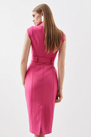 Karen Millen UK SALE Compact Stretch Tailored Forever Belted Cap Sleeve Pencil Dress - pink