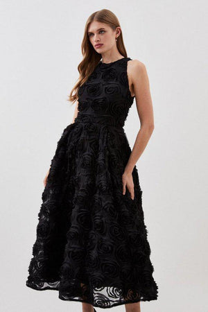 Karen Millen UK SALE Lydia Millen Rosette Tulle Satin Belt Woven Prom Dress - black