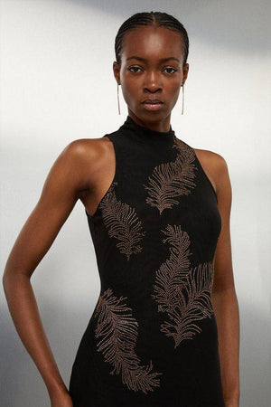 Karen Millen UK SALE Feather Mesh Embellished Maxi Dress