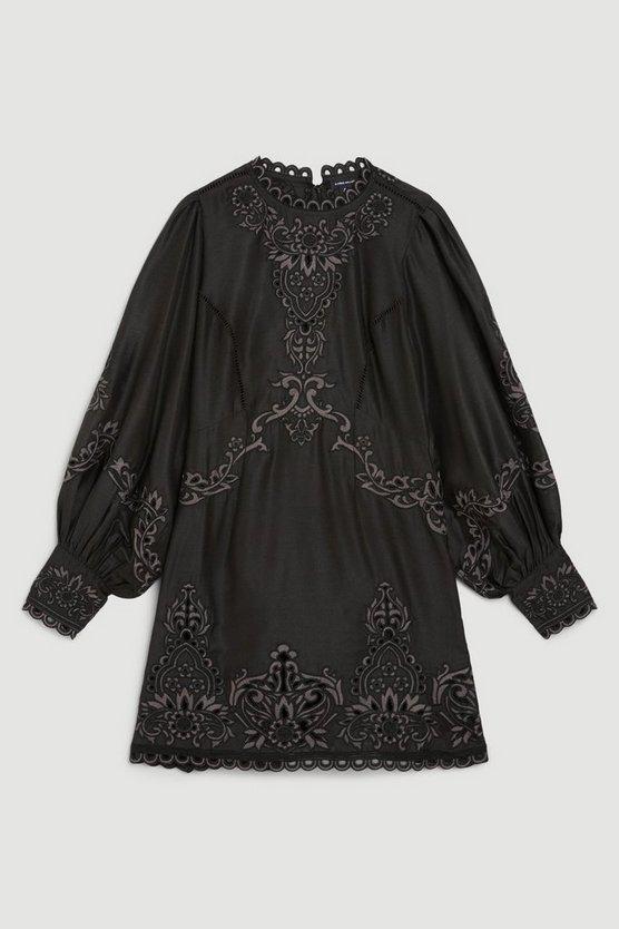 Karen Millen UK SALE Lydia Millen Cotton Cutwork Embroidered Woven Mini Dress - black