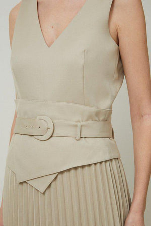 Karen Millen UK SALE Tailored Wool Blend Belted Pleat Detail Midi Dress - stone