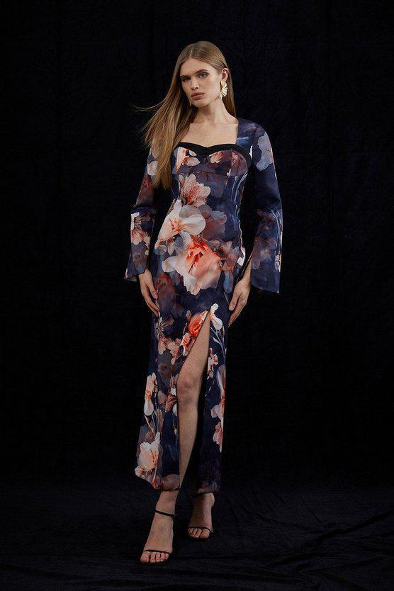 Karen Millen UK SALE Contrast Satin Floral Long Sleeve Woven Midi Dress