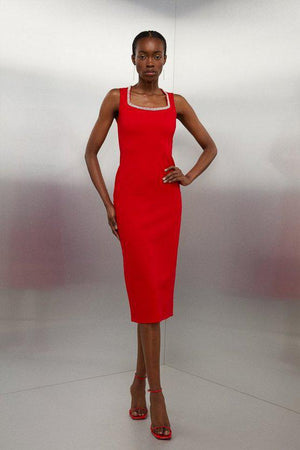 Karen Millen UK SALE Diamante Trim Ponte Midi Dress - red