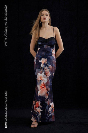 Karen Millen UK SALE Contrast Satin Floral Bustier Woven Midi Dress