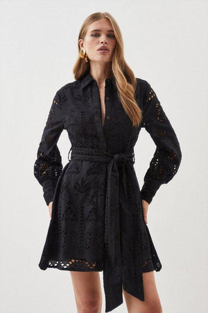 Karen Millen UK SALE Cotton Broderie Belted Woven Mini Dress