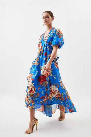 Karen Millen UK SALE Petite Graphic Lace Trim Floral Woven Plunge Maxi Dress