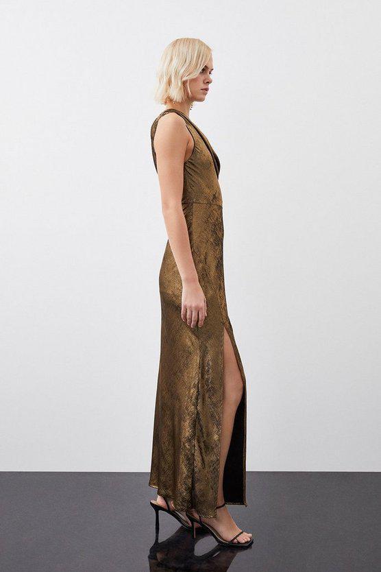 Karen Millen UK SALE Premium Metallic Ruched One Shoulder Woven Maxi Dress