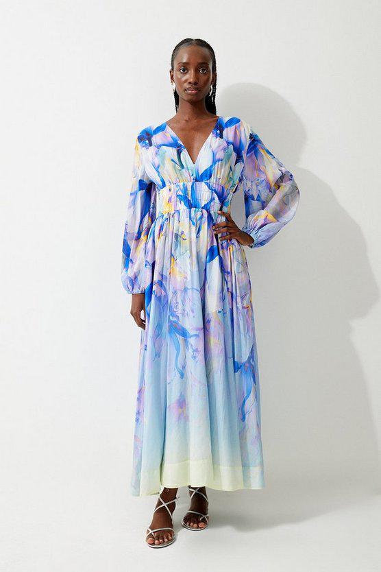 Karen Millen UK SALE Petite Ombre Floral Silk Cotton Plunge Maxi Dress