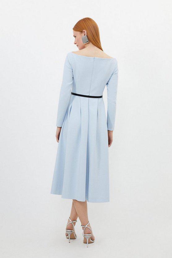Karen Millen UK SALE Compact Stretch Off Shoulder Full Skirt Tailored Midi Dress - light blue