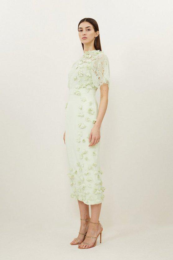 Karen Millen UK SALE Lace Petal Applique Woven High Neck Maxi Dress - soft lime