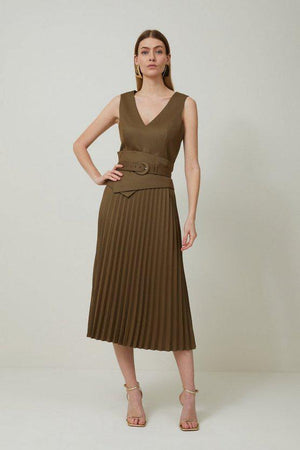 Karen Millen UK SALE Tailored Wool Blend Belted Pleat Detail Midi Dress - olive