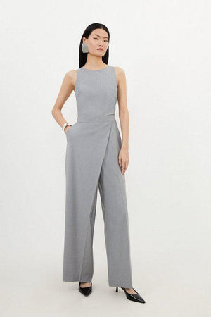 Karen Millen UK SALE Tailored Wool Blend Wide Leg Wrap Detail Jumpsuit - grey