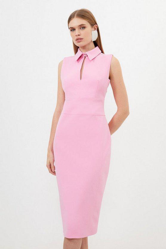 Karen Millen UK SALE Stretch Crepe Cut Out Detail Collared Tailored Midi Dress - pink