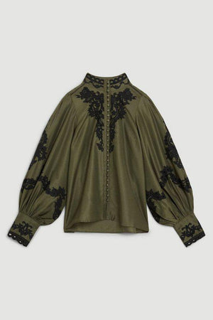 Karen Millen UK SALE Lydia Millen Cotton Embroidered Woven Blouse - khaki