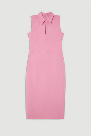 Karen Millen UK SALE Stretch Crepe Cut Out Detail Collared Tailored Midi Dress - pink