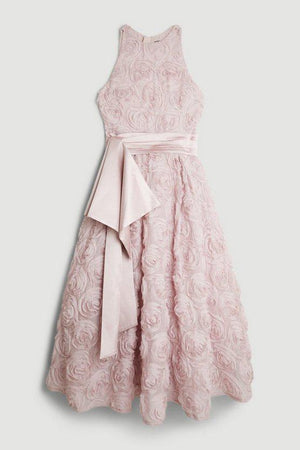 Karen Millen UK SALE Lydia Millen Rosette Tulle Satin Belt Woven Prom Dress - blush