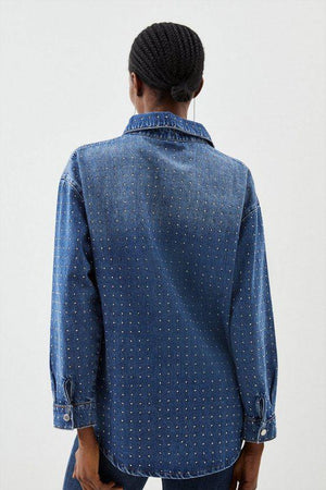 Karen Millen UK SALE Embellished Denim Shirt - mid blue