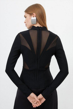 Karen Millen UK SALE Figure Form Bandage Mesh Detail Knit Top - black