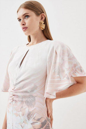 Karen Millen UK SALE Placed Floral Ruched Angel Sleeved Woven Maxi Dress