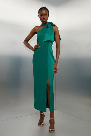 Karen Millen UK SALE Tailored Satin Back Crepe Tie Neck Contrast Panel Maxi Dress - emerald