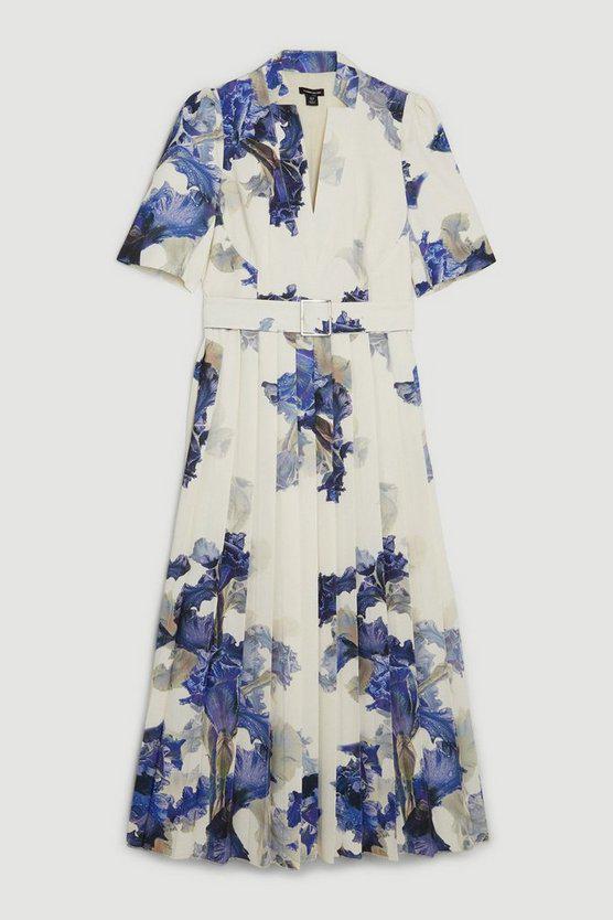 Karen Millen UK SALE Tailored Crepe Print Detail Pleated Forever Dress