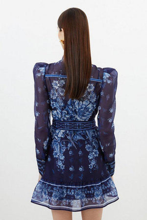 Karen Millen UK SALE Organdie Floral Placement Print Woven Mini Dress