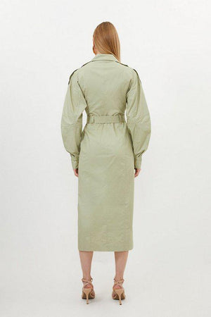 Karen Millen UK SALE Cotton Sateen Woven Maxi Shirt Dress - khaki