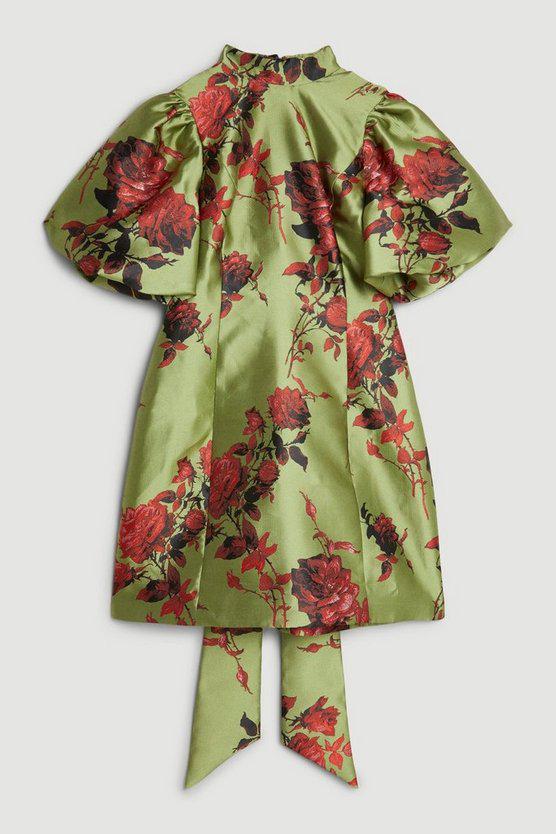 Karen Millen UK SALE Lydia Millen Floral Jacquard Panelled Puff Sleeve Woven Mini Dress - green