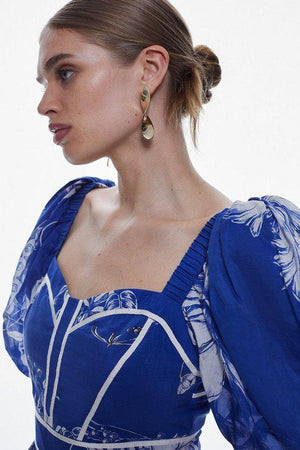 Karen Millen UK SALE Placed Floral Silk Cotton Midi Dress