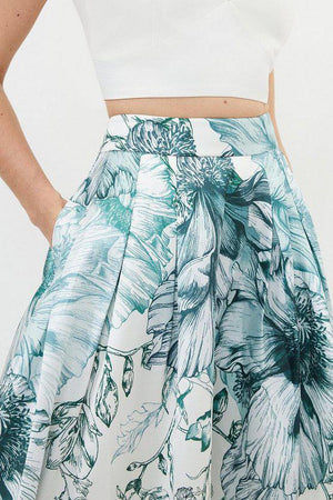 Karen Millen UK SALE Placed Floral Twill Full Midi Skirt