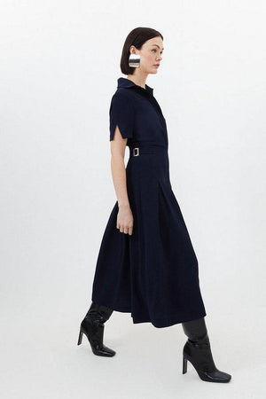 Karen Millen UK SALE Tailored Crepe Short Sleeve Pleated Midi Dress - navy