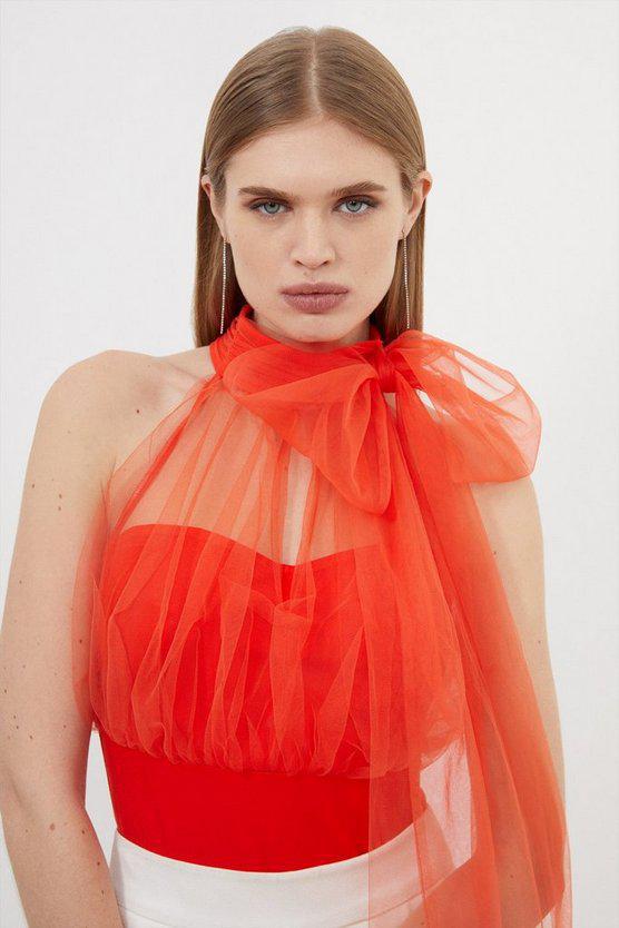 Karen Millen UK SALE Bow Neck Tulle And Ponte Jersey Bodysuit - orange