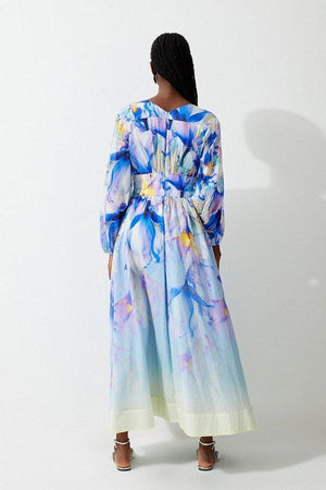 Karen Millen UK SALE Petite Ombre Floral Silk Cotton Plunge Maxi Dress