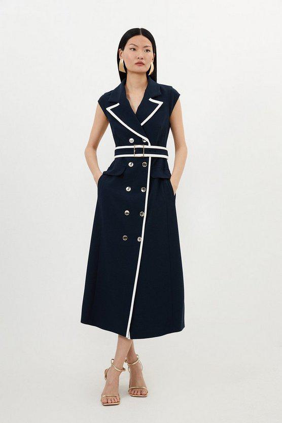 Karen Millen UK SALE Compact Stretch Double Breasted Belted Tipped Tailored Midi Dress