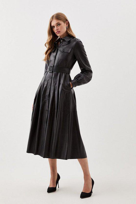 Karen Millen UK SALE Lydia Millen Leather Belted Shirt Dress - black
