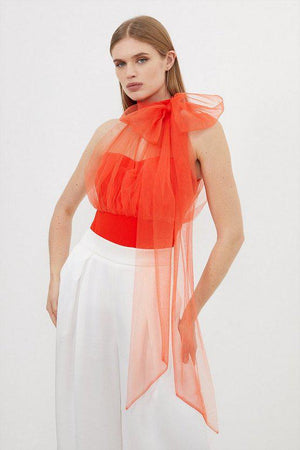 Karen Millen UK SALE Bow Neck Tulle And Ponte Jersey Bodysuit - orange