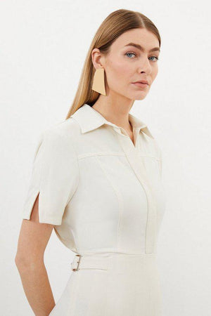 Karen Millen UK SALE Tailored Crepe Short Sleeve Pleated Midi Dress - ivory