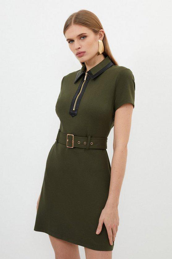 Karen Millen UK SALE Ponte And Pu Zip Belted Mini Dress