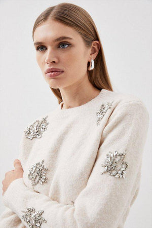 Karen Millen UK SALE Wool Blend Embellished Cosy Knit Jumper - ivory