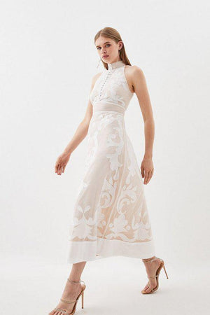 Karen Millen UK SALE Applique Organdie Midi Woven Dress - white