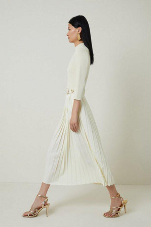 Karen Millen UK SALE Viscose Blend Knit Mix Midaxi Dress With Pu Waist Detail
