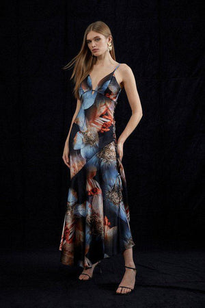 Karen Millen UK SALE Photographic Floral Woven Satin Tie Detail Maxi Dress