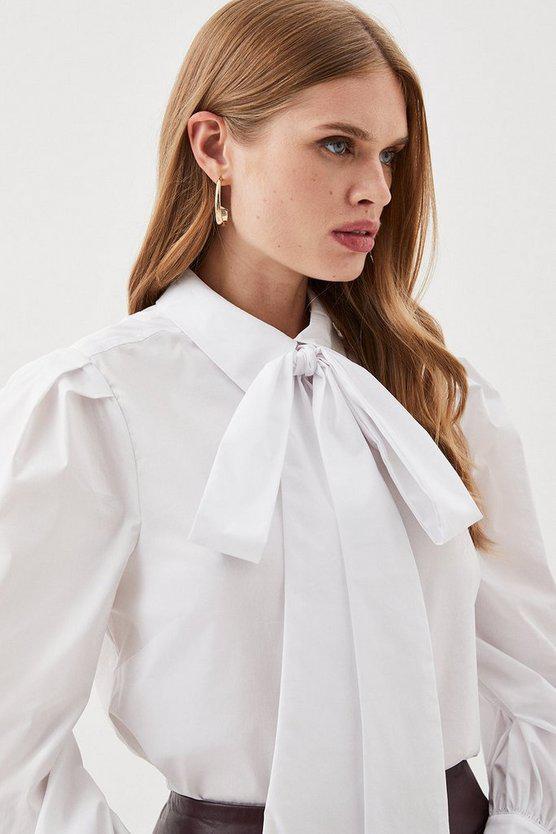 Karen Millen UK SALE Lydia Millen Cotton Poplin Tie Collar Statement Sleeve Blouse