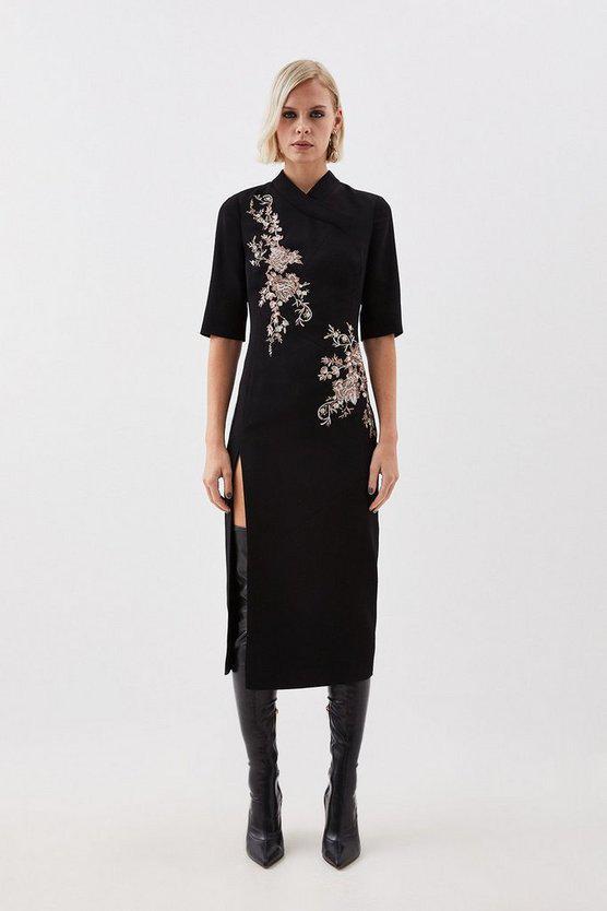 Karen Millen UK SALE The Founder Compact Stretch Viscose Embroidered Pencil Dress - black