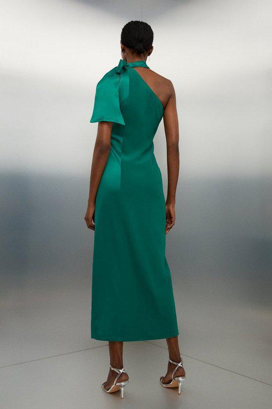 Karen Millen UK SALE Tailored Satin Back Crepe Tie Neck Contrast Panel Maxi Dress - emerald