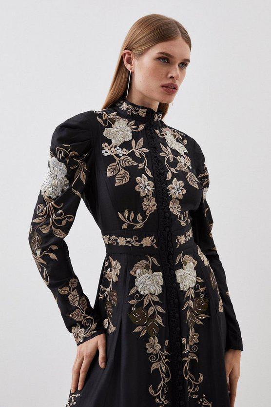 Karen Millen UK SALE Floral Printed Button Detail Woven Maxi Dress