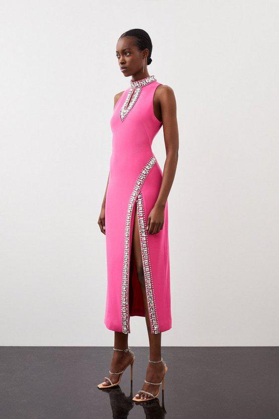 Karen Millen UK SALE Crystal Embellished Woven Thigh Split Midi Dress - pink