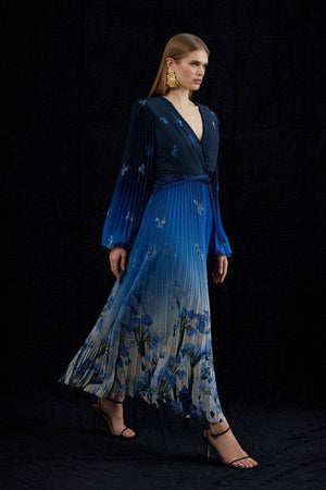 Karen Millen UK SALE Scattered Floral Print Pleated Split Maxi Dress