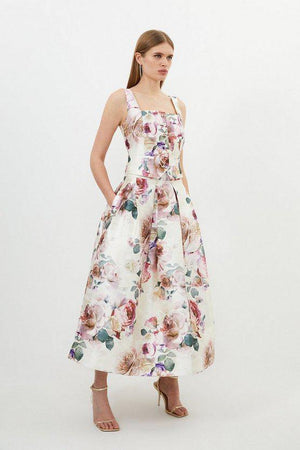 Karen Millen UK SALE Romantic Floral Print Woven Prom Midi Skirt